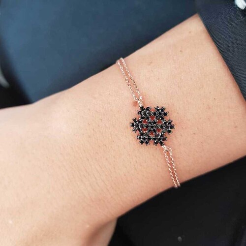 Black Stone Snowflake Rose Silver Women's Bracelet - 1