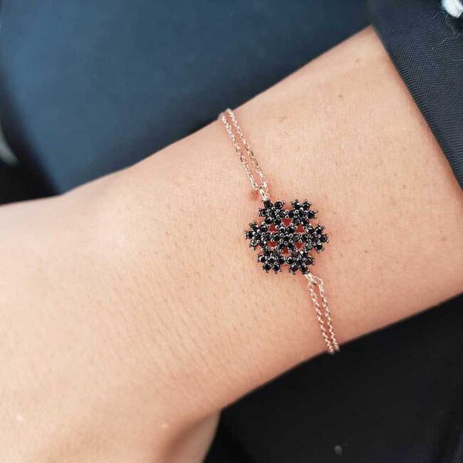 Black Stone Snowflake Rose Silver Women's Bracelet - 1