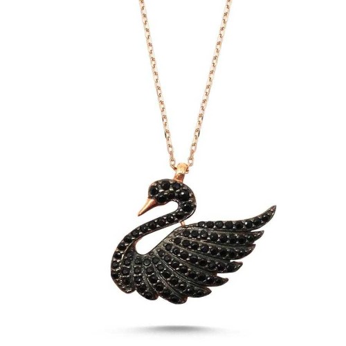 Siyah Taşlı Kuğu Modeli Gümüş Kadın Kolye - 1