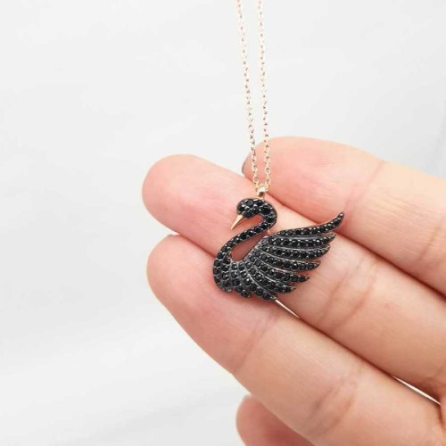 Siyah Taşlı Kuğu Modeli Gümüş Kadın Kolye - 2