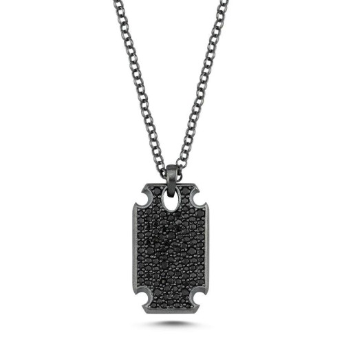 CNG Jewels - Siyah Taşlı Night Tasarım Plaka Gümüş Erkek Kolye