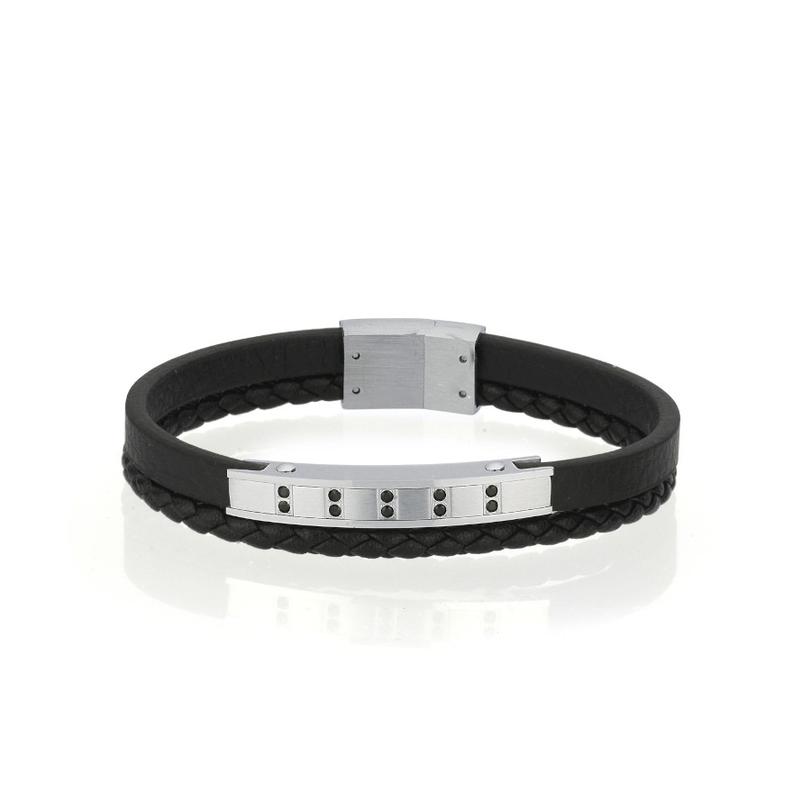 Siyah Taşlı Plaka Çelik İkili Derili Erkek Bilekliği - CNG Jewels