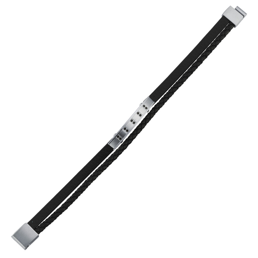 Siyah Taşlı Plaka Çelik İkili Derili Erkek Bilekliği - CNG Jewels (1)