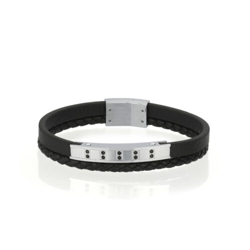 Siyah Taşlı Plaka Çelik İkili Derili Erkek Bilekliği - CNG Jewels
