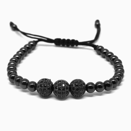 Macrame Steel Men's Bracelet with Black Stones and Black Balls - CNG Jewels