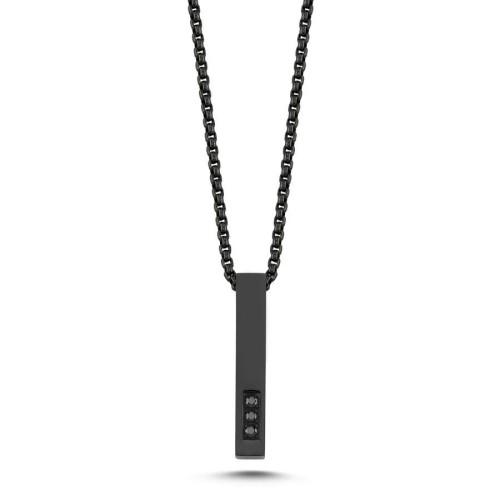 CNG Jewels - Siyah Taşlı Üç Boyutlu Çubuk Siyah Çelik Erkek Kolye