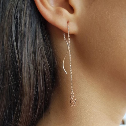 Sol Anahtarı Zincir Rose Gümüş Kadın Küpe - CNG Jewels