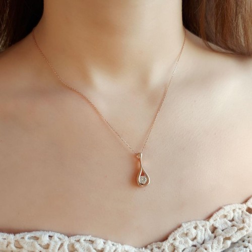 Water Drop Figured Solitaire Rose Silver Women's Necklace - CNG Jewels