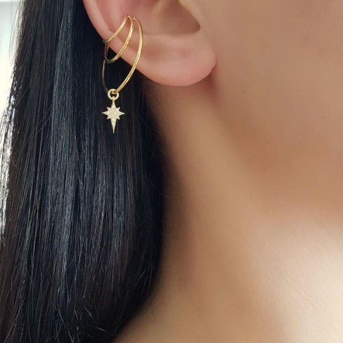 CNG Jewels - Süzme Üç Halka Kutup Yıldızı Gold Gümüş Bayan Kıkırdak Küpe