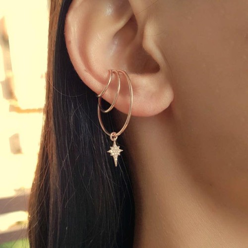 Süzme Üç Halka Kutup Yıldızlı Rosegold Gümüş Kadın Kıkırdak Küpe - CNG Jewels