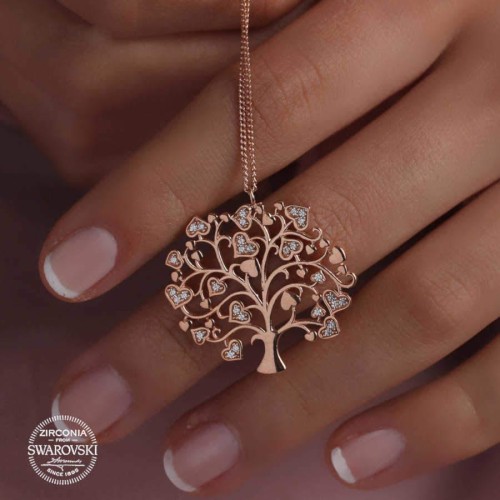 Swarovski Taşlı Hayat Ağacı Rose Gümüş Bayan Kolye - Thumbnail