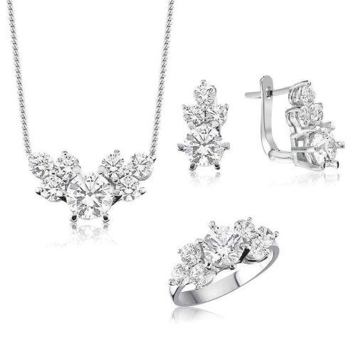 CNG Jewels - Swarovski Taşlı Kraliçe Tacı Modeli Gümüş Kolye Küpe Yüzük Seti