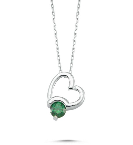 CNG Jewels - Swarovski Taşlı Yeşil Renk Kalp Gümüş Bayan Kolye