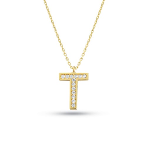 T Harfi Taşlı 14 Ayar Altın Kolye - 1