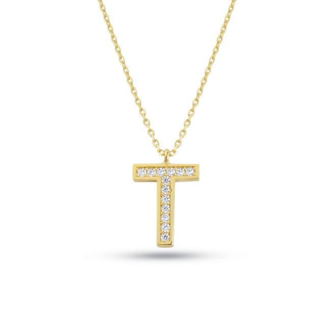 T Harfi Taşlı 14 Ayar Altın Kolye - 1