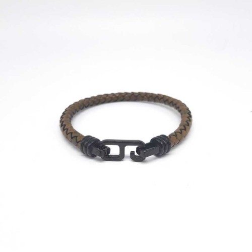 Tan Braided Leather Steel Men's Bracelet with Hook Lock - CNG Jewels