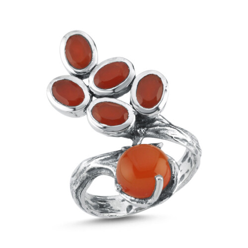 Designed Agate Stone Tree Branch Women's Silver Ring - CNG Jewels