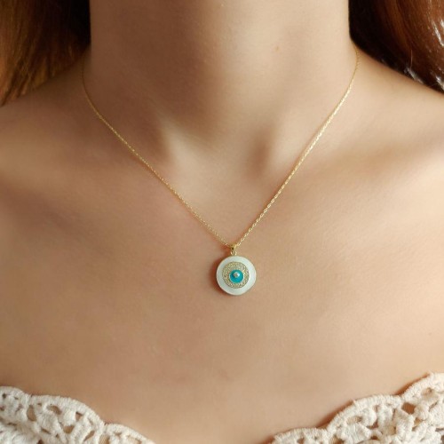 Tasarım Beyaz Mineli Nazar Boncuğu Gümüş Kadın Kolye - 1