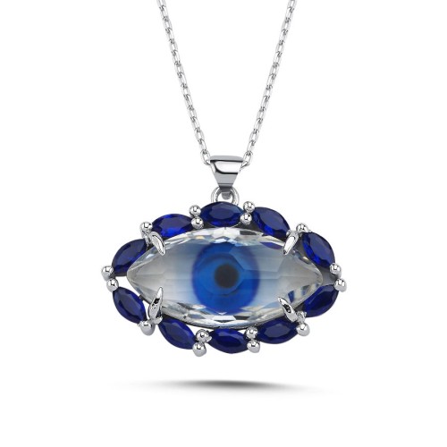 Design Large Blue Blue Eye Women's Silver Necklace - CNG Jewels
