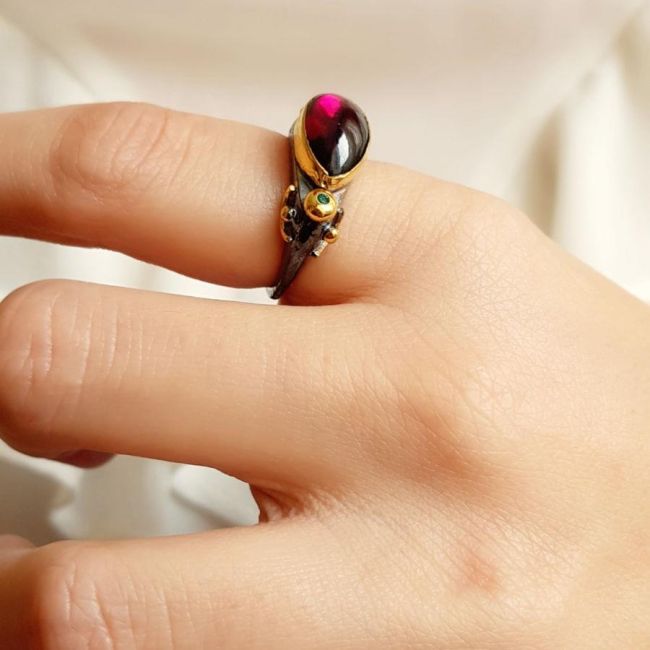 Designed Handmade Drop Garnet Silver Women's Ring - 2