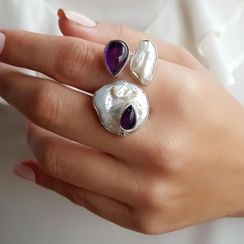 CNG Jewels - Tasarım El Yapımı Doğal Damla Ametist İncili Gümüş Bayan Yüzük