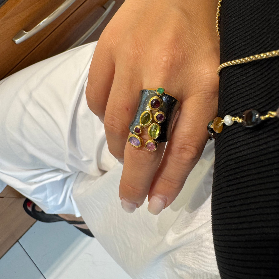 Tasarım Fermuar Mix Doğal Taşlı Kadın Gümüş Yüzük - CNG Jewels (1)