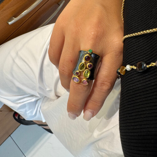 Tasarım Fermuar Mix Doğal Taşlı Kadın Gümüş Yüzük - CNG Jewels (1)