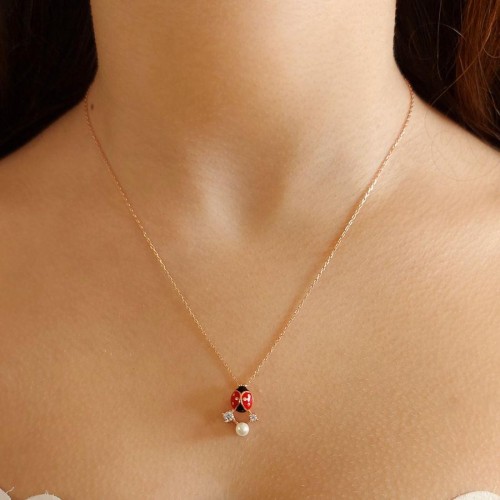 CNG Jewels - Tasarım İncili Uğur Böceği Rose Gümüş Bayan Kolye