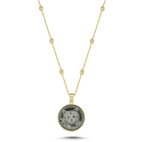 Tasarım Kedi İşlemeli Siyah Taşlı Gümüş Kolye - CNG Jewels
