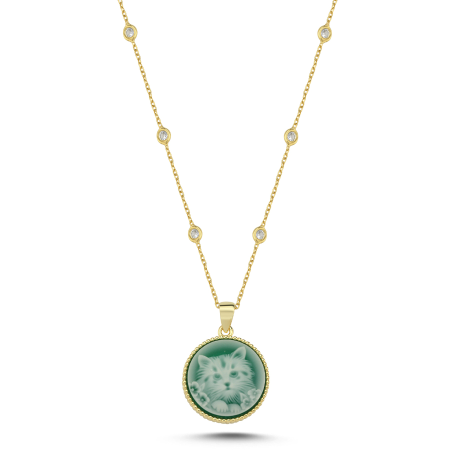 Design Green Cat Embroidered Women's Silver Necklace - CNG Jewels
