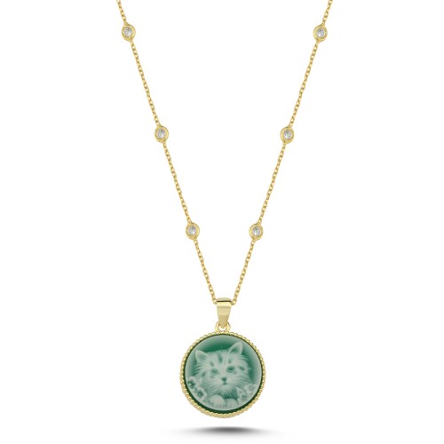 Tasarım Kedi İşlemeli Yeşil Taşlı Gümüş Kolye - 1