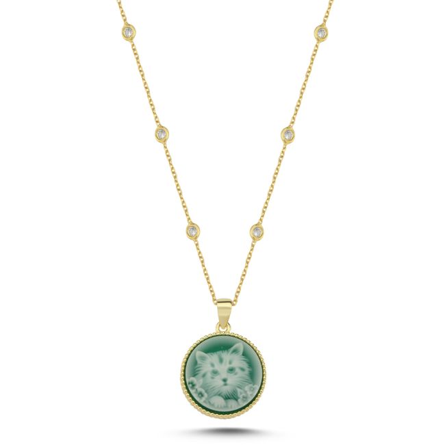 Tasarım Kedi İşlemeli Yeşil Taşlı Gümüş Kolye - 1