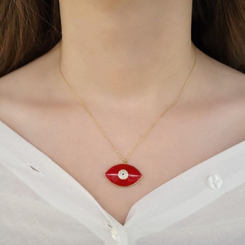 CNG Jewels - Tasarım Kırmızı Mineli Badem Göz Gümüş Kadın Kolye