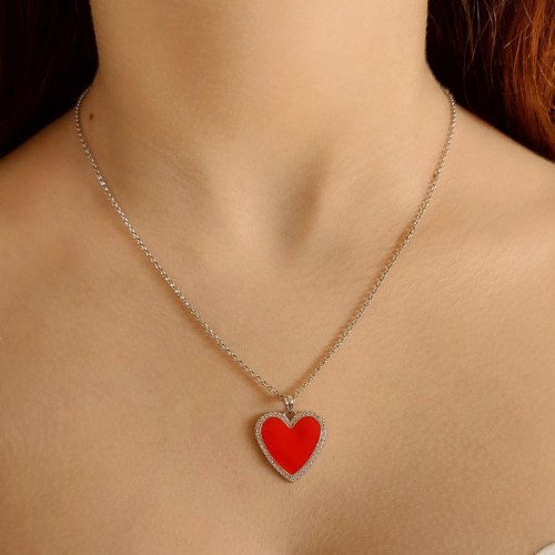 Tasarım Kırmızı Mineli Kalp Gümüş Bayan Kolye - Thumbnail