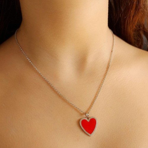 Tasarım Kırmızı Mineli Kalp Gümüş Bayan Kolye - Thumbnail
