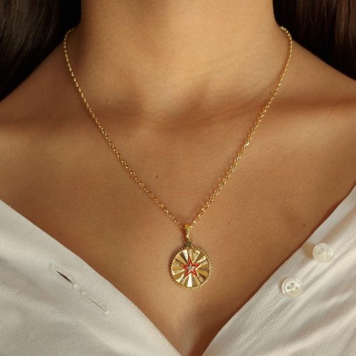 CNG Jewels - Tasarım Kırmızı Mineli Yıldız Madalyon Gümüş Bayan Kolye