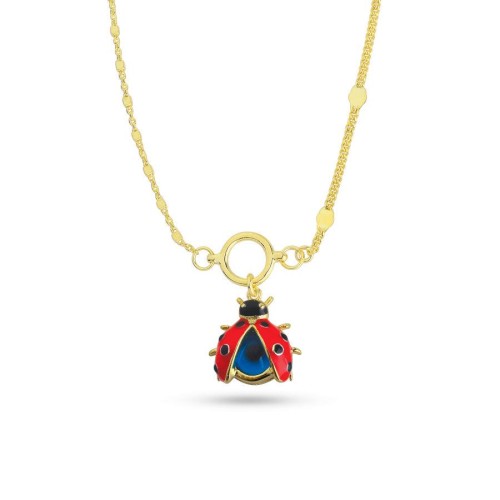 Tasarım Kırmızı Uğur Böceği Gold Gümüş Kadın Kolye - 1
