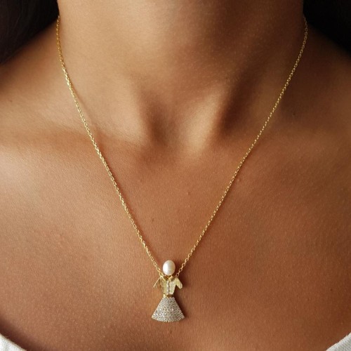 Tasarım Kız Çocuk Gerçek İnci Kadın Gümüş Kolye - 1