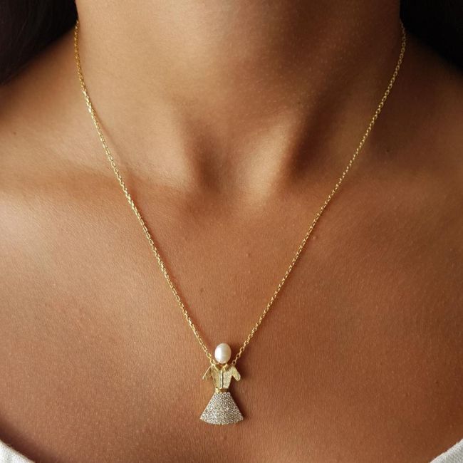 Tasarım Kız Çocuk Gerçek İnci Kadın Gümüş Kolye - 1