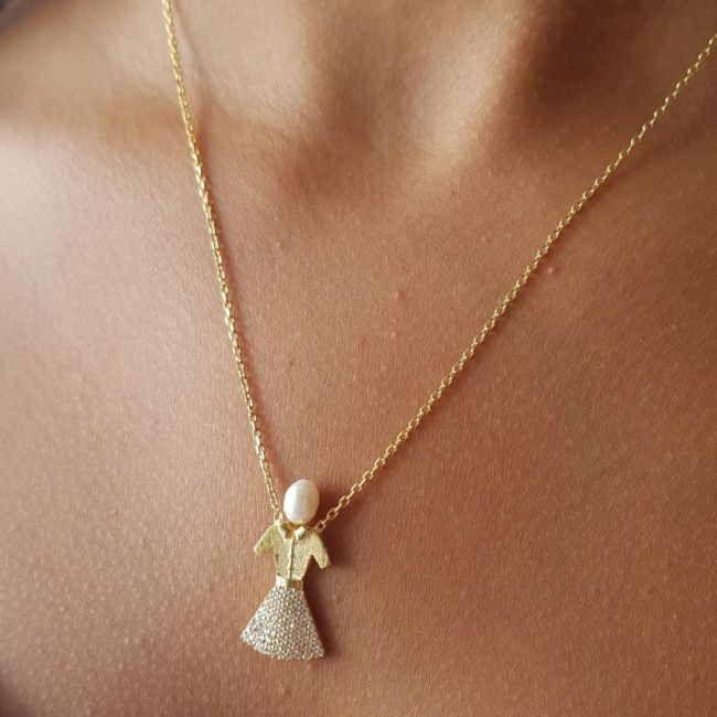 Tasarım Kız Çocuk Gerçek İnci Kadın Gümüş Kolye - 2