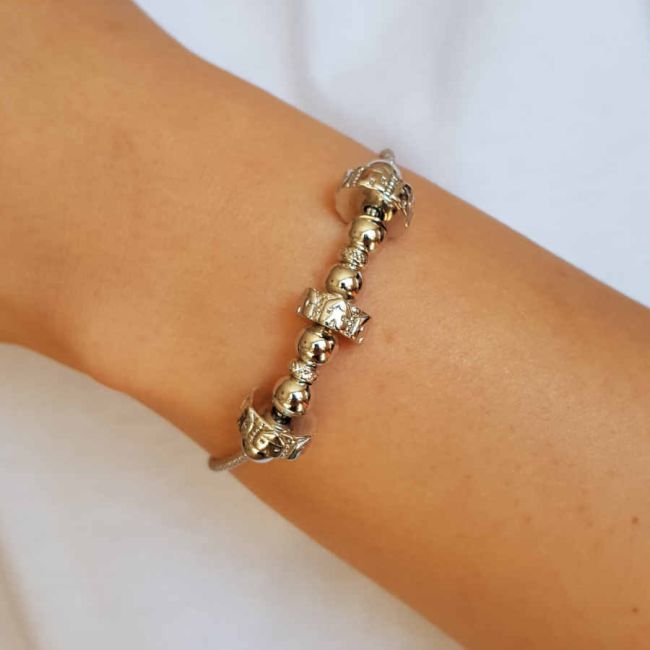 Silver Women's Bracelet with a White Ball in the Middle - 1