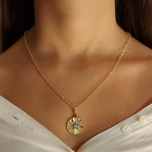 CNG Jewels - Tasarım Mavi Mineli Yıldız Madalyon Gümüş Bayan Kolye