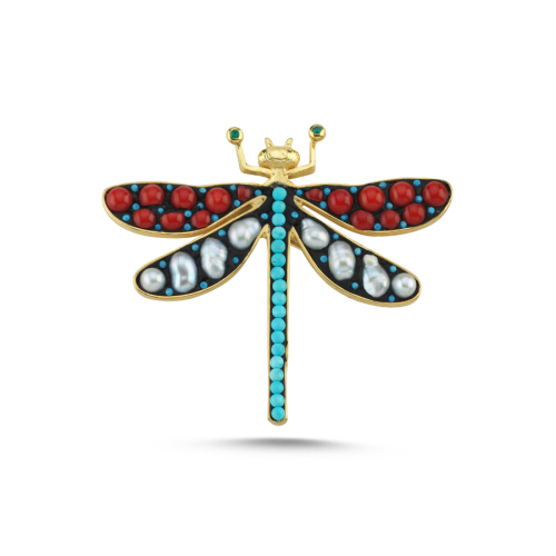 Design Coral Pearl Turquoise Stone Dragonfly Silver Brooch - CNG Jewels