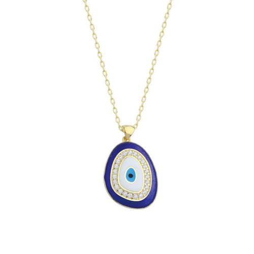 Design Navy Blue Eye Eyelash Silver Women's Necklace - 1