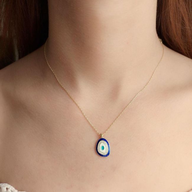 Tasarım Mineli Lacivert Nazar Göz Gümüş Kolye - 2