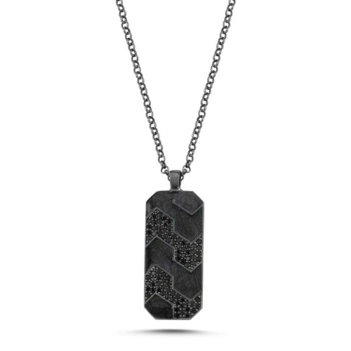 CNG Jewels - Tasarım Oktagon Siyah Mine Taşlı Plakalı Erkek Gümüş Kolye