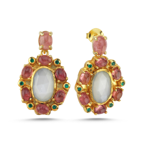 Designed Pink Tourmaline and Moonstone Women's Silver Earrings - CNG Jewels
