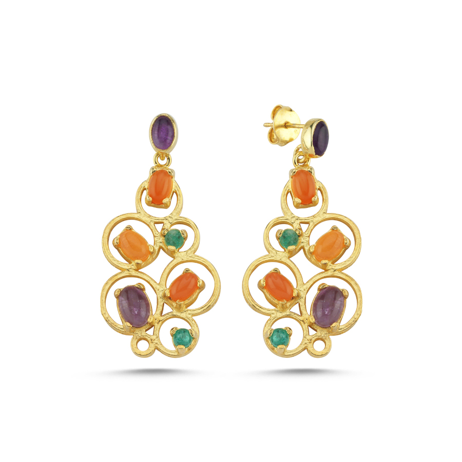 Designed Honeycomb Carnelian Amethyst Stone Silver Earrings - CNG Jewels