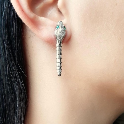 Tasarım Serpent Yılan Taşlı Gümüş Küpe - 2