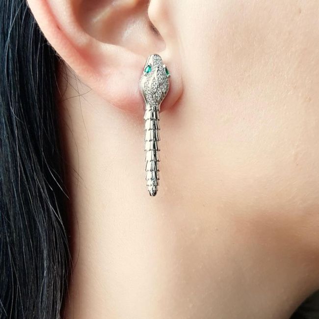 Tasarım Serpent Yılan Taşlı Gümüş Küpe - 2